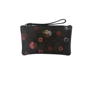 Coach Corner Zip Primrose Wristlet Small Brown Flower Logo Canvas Leather Wallet